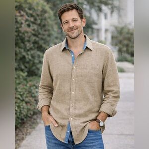 Age of Wisdom Linen Blend Button Front Shirt Men’s XL Tan Coastal Casual Neutral